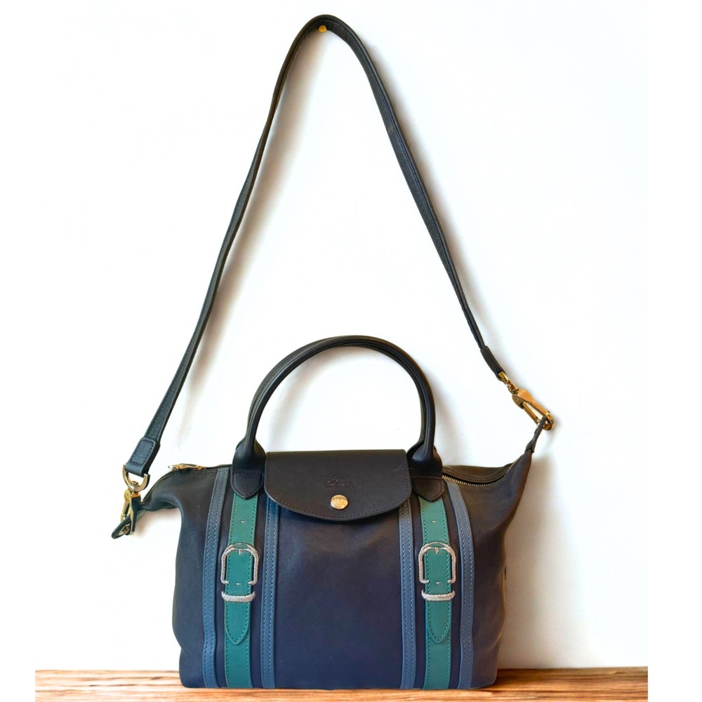 Longchamp Le Pliage Navy Bridle Leather Crossbody Tote Messenger Bag